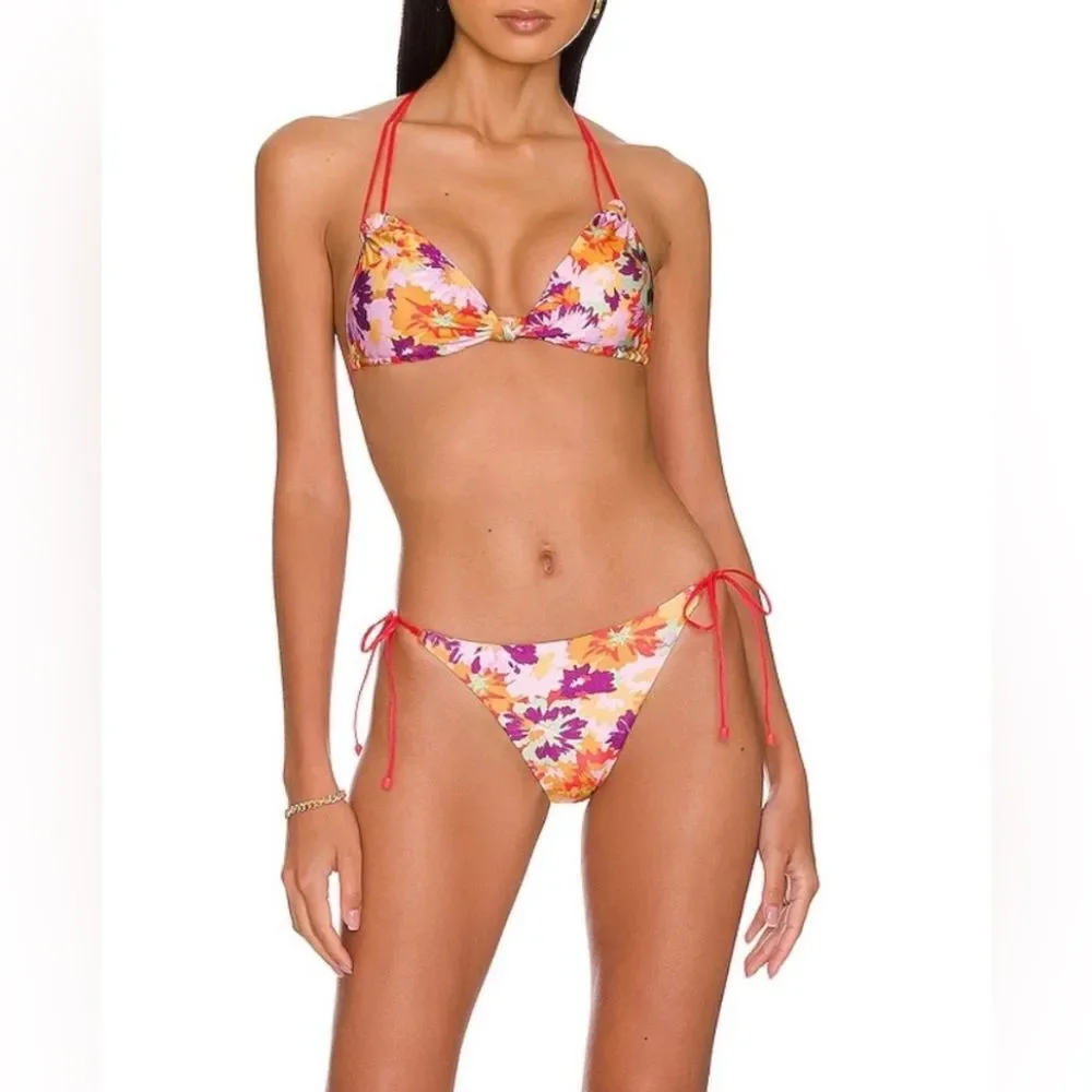 Zimmermann Floral Knotted Violet Triangle Bikini Set Size US 8-10 Boho Coquette